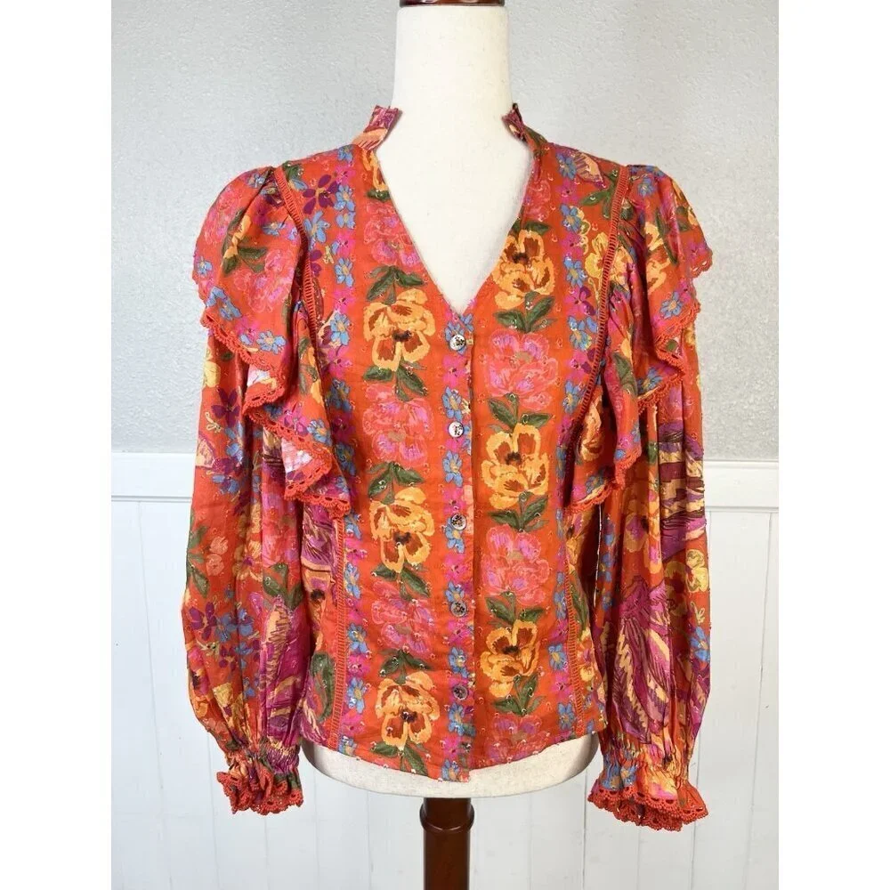 Farm Rio Top Spring Banana XS Floral Ruffle Puff Sleeve Boho Artsy Vacation
